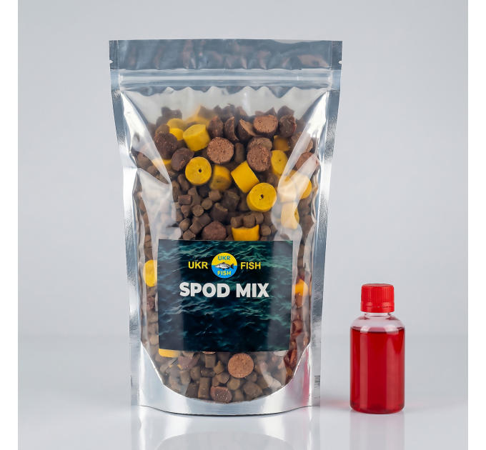 Прикормка для риби Спод МІКС "Кукурудза Тигровий горіх" SPOD MIX Пеллетс 6-20 мм та Аміно-ліквід UKR FISH 900г