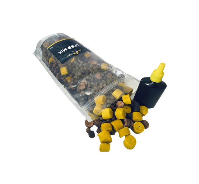 Прикормка для риби Спод МІКС "Фруктовий мікс" SPOD MIX Пеллетс 6-13 мм + Бойли + Аміно-ліквід UKR FISH 900г