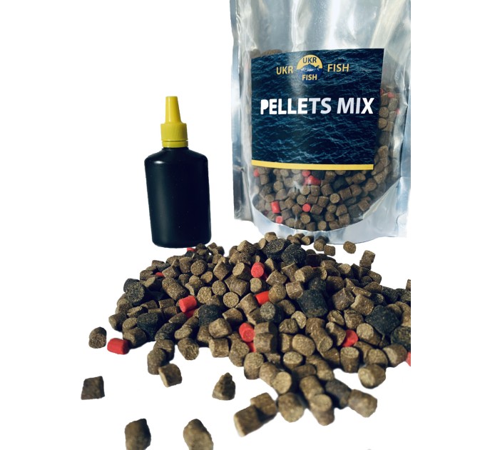 Прикормка для риби Пеллетс МІКС "Криль полуниця" PELLETS MIX 6-11 мм + Аміно-ліквід UKR FISH 800г